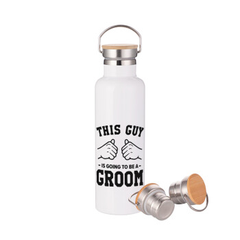 This Guy is going to be a GROOM, Stainless steel White with wooden lid (bamboo), double wall, 750ml