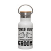 Metallic thermos (Stainless steel) White with wooden lid (bamboo), double-walled, 350ml