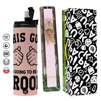 This Guy is going to be a GROOM, Πασχαλινή Λαμπάδα με  ΡΟΖ Travel Tumbler θερμό (600ml, BPA free) & κερί αρωματικό πλακέ (30cm) (ΡΟΖ)