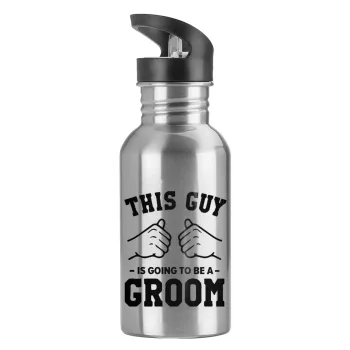 This Guy is going to be a GROOM, Water bottle Silver with straw, stainless steel 600ml