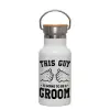 Metallic thermos (Stainless steel) White with wooden lid (bamboo), double-walled, 350ml