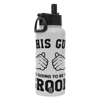 This Guy is going to be a GROOM, Metal mug thermo White with Straw and Spout Lid (Stainless steel), double wall, 950ml