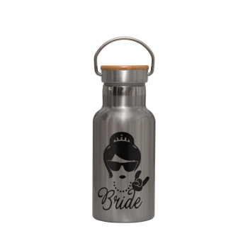 Bride hands, Stainless steel metallic thermos flask, silver with a bamboo lid, double-walled, 350ml.