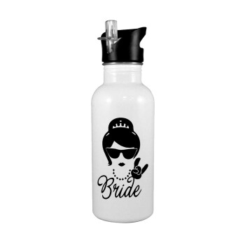 Bride hands, White water bottle with straw, stainless steel 600ml