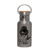Stainless steel metallic thermos flask, silver with a bamboo lid, double-walled, 350ml.