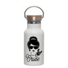 Metallic thermos (Stainless steel) White with wooden lid (bamboo), double-walled, 350ml