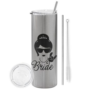 Bride hands, Eco friendly stainless steel Silver tumbler 600ml, with metal straw & cleaning brush