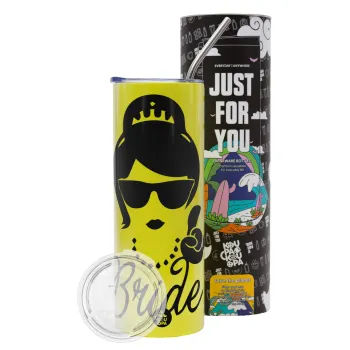 Bride hands, Neon Yellow Travel Tumbler θερμό, μεταλλικό καλαμάκι(Ανωξείδωτο 304 Food grade, BPA free, 600ml)