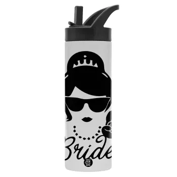 Bride hands, Μεταλλικό παγούρι θερμός με καλαμάκι & χειρολαβή, ανοξείδωτο ατσάλι (Stainless steel 304), διπλού τοιχώματος, 600ml