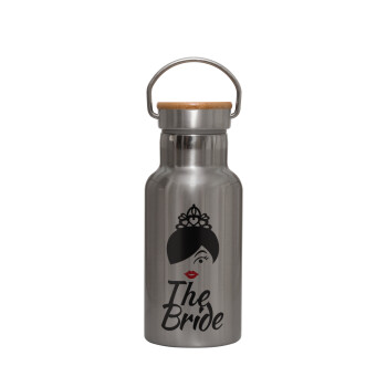 The Bride red kiss, Stainless steel metallic thermos flask, silver with a bamboo lid, double-walled, 350ml.