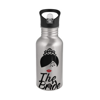 The Bride red kiss, Water bottle Silver with straw, stainless steel 500ml