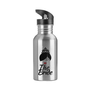 The Bride red kiss, Water bottle Silver with straw, stainless steel 600ml