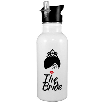 The Bride red kiss, White water bottle with straw, stainless steel 600ml