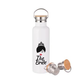 The Bride red kiss, Μεταλλικό παγούρι θερμός (Stainless steel) Λευκό με ξύλινο καπάκι (bamboo), διπλού τοιχώματος, 750ml