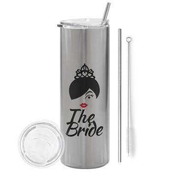 The Bride red kiss, Eco friendly stainless steel Silver tumbler 600ml, with metal straw & cleaning brush
