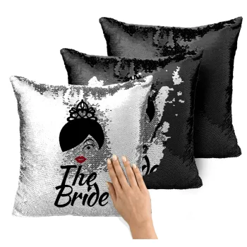 The Bride red kiss, Μαξιλάρι καναπέ Μαγικό Μαύρο με πούλιες 40x40cm περιέχεται το γέμισμα