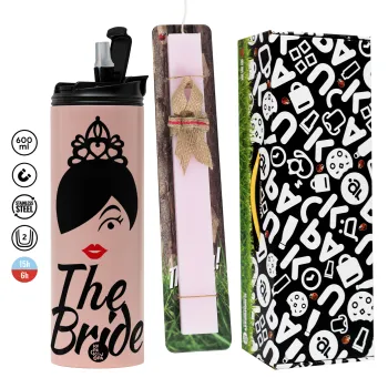 The Bride red kiss, Πασχαλινή Λαμπάδα με  ΡΟΖ Travel Tumbler θερμό (600ml, BPA free) & κερί αρωματικό πλακέ (30cm) (ΡΟΖ)