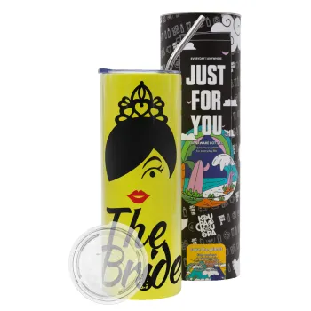 The Bride red kiss, Neon Yellow Travel Tumbler θερμό, μεταλλικό καλαμάκι(Ανωξείδωτο 304 Food grade, BPA free, 600ml)