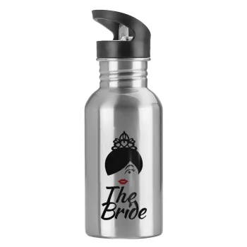 The Bride red kiss, Water bottle Silver with straw, stainless steel 600ml