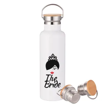 The Bride red kiss, Μεταλλικό παγούρι θερμός (Stainless steel) Λευκό με ξύλινο καπάκι (bamboo), διπλού τοιχώματος, 750ml