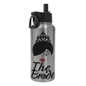 The Bride red kiss, Metal mug thermo Silver with Straw and Spout Lid (Stainless steel), double wall, 950ml