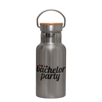Bachelor party, Stainless steel metallic thermos flask, silver with a bamboo lid, double-walled, 350ml.