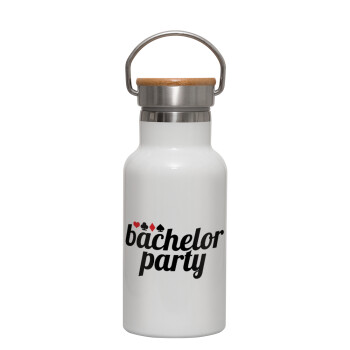 Bachelor party, Μεταλλικό παγούρι θερμός (Stainless steel) Λευκό με ξύλινο καπακι (bamboo), διπλού τοιχώματος, 350ml