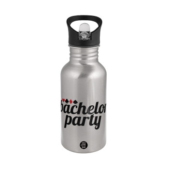 Bachelor party, Water bottle Silver with straw, stainless steel 500ml