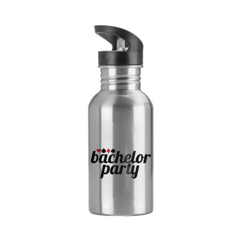 Bachelor party, Water bottle Silver with straw, stainless steel 600ml