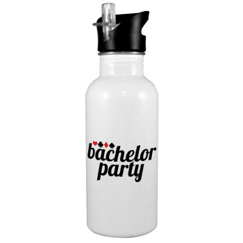 Bachelor party, White water bottle with straw, stainless steel 600ml