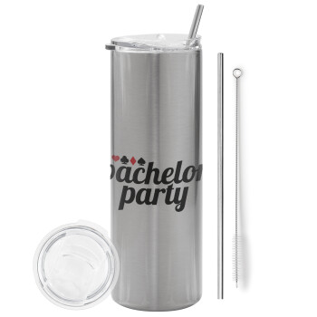 Bachelor party, Eco friendly stainless steel Silver tumbler 600ml, with metal straw & cleaning brush