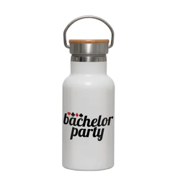 Bachelor party, Μεταλλικό παγούρι θερμός (Stainless steel) Λευκό με ξύλινο καπακι (bamboo), διπλού τοιχώματος, 350ml