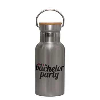 Bachelor party, Stainless steel metallic thermos flask, silver with a bamboo lid, double-walled, 350ml.
