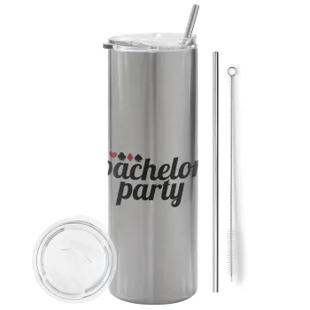 Bachelor party, Tumbler stainless steel Silver 600ml, with metal straw & cleaning brush
