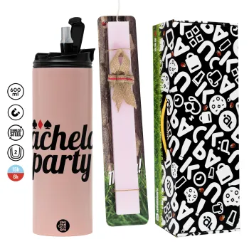 Bachelor party, Πασχαλινή Λαμπάδα με  ΡΟΖ Travel Tumbler θερμό (600ml, BPA free) & κερί αρωματικό πλακέ (30cm) (ΡΟΖ)