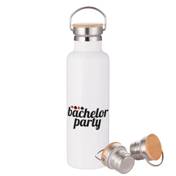 Bachelor party, Μεταλλικό παγούρι θερμός (Stainless steel) Λευκό με ξύλινο καπάκι (bamboo), διπλού τοιχώματος, 750ml