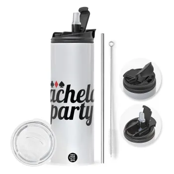 Bachelor party, Travel Tumbler θερμό με διπλό καπάκι, μεταλλικό καλαμάκι και βούρτσα καθαρισμού (Ανωξείδωτο 304 Food grade, BPA free, 600ml)