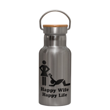 Happy Wife, Happy Life, Stainless steel metallic thermos flask, silver with a bamboo lid, double-walled, 350ml.