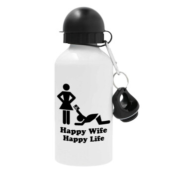 Happy Wife, Happy Life, Μεταλλικό παγούρι νερού, Λευκό, αλουμινίου 500ml