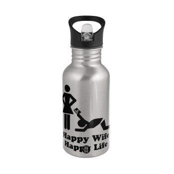 Happy Wife, Happy Life, Water bottle Silver with straw, stainless steel 500ml