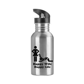 Happy Wife, Happy Life, Water bottle Silver with straw, stainless steel 600ml
