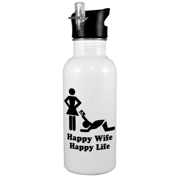 Happy Wife, Happy Life, White water bottle with straw, stainless steel 600ml