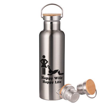 Happy Wife, Happy Life, Stainless steel Silver with wooden lid (bamboo), double wall, 750ml