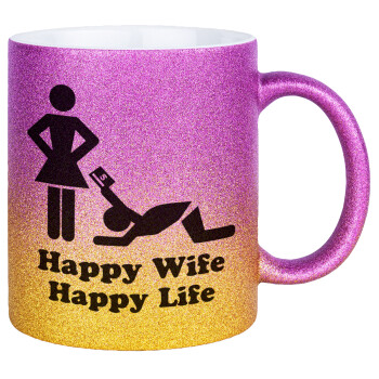 Happy Wife, Happy Life, Κούπα Χρυσή/Ροζ Glitter, κεραμική, 330ml