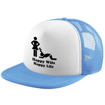 Happy Wife, Happy Life, Καπέλο Soft Trucker με Δίχτυ Γαλάζιο/Λευκό