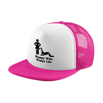 Happy Wife, Happy Life, Καπέλο Ενηλίκων Soft Trucker με Δίχτυ Pink/White (POLYESTER, ΕΝΗΛΙΚΩΝ, UNISEX, ONE SIZE)