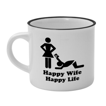 Happy Wife, Happy Life, Κούπα κεραμική vintage Λευκή/Μαύρη 230ml