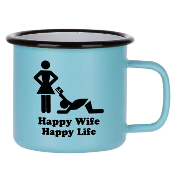 Happy Wife, Happy Life, Κούπα Μεταλλική εμαγιέ ΜΑΤ σιέλ 360ml