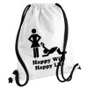 Happy Wife, Happy Life, Τσάντα πλάτης πουγκί GYMBAG λευκή, με τσέπη (40x48cm) & χονδρά κορδόνια