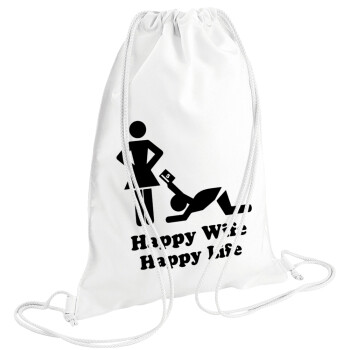 Happy Wife, Happy Life, Τσάντα πλάτης πουγκί GYMBAG λευκή (28x40cm)